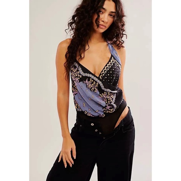Free People Intimately Floral Bandana Print Bodysuit Black Purple XS OB1105151 - Picture 2 of 13